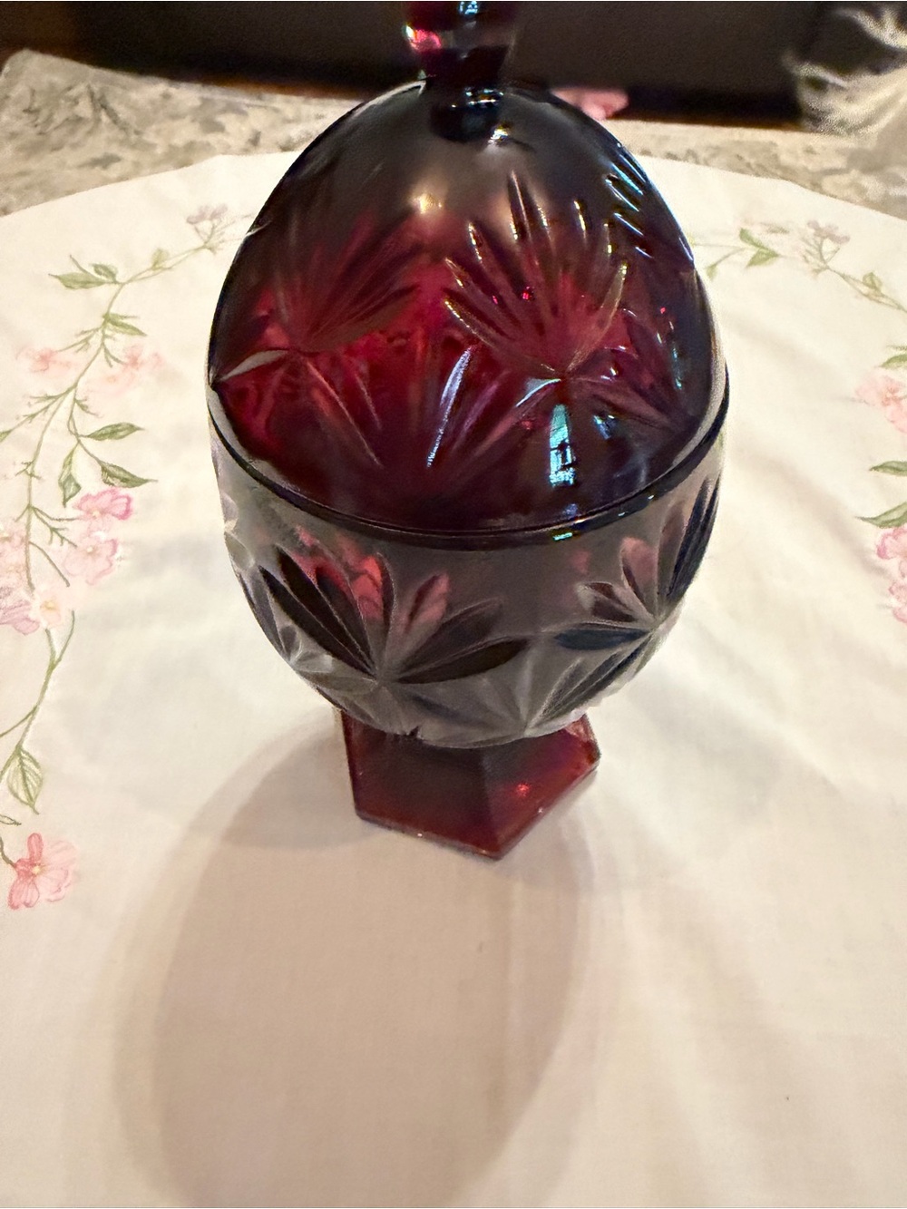Vintage Cristal d’Arques Durand Ruby Red Pressed Fan Covered Compote Candy Dish